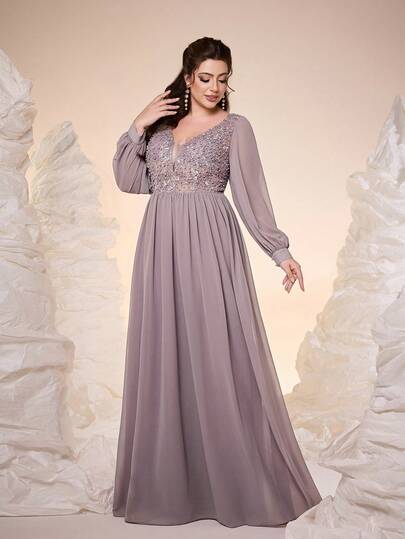 Mgiacy Plus Size Women Velvet Chiffon V-Neck Long Sleeve A-Line Dress, Elegant Summer Gown Suitable For Weddings, Galas, Formal Dinners, Parties And Holidays