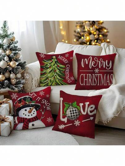 4pcs Christmas Decorative Printed Pillow Covers, Featuring Reindeer, Floral And Other Christmas Elements, Suitable For Room, Bedroom, Holiday, Party Decoration (Without Pillow Insert) (Single-Sided Printing)