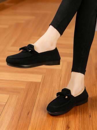 Women's Bow-Decorated Round-Toe Flat Shoes With Added Lining For Warmth, Comfortable Soft Soles, And Slip-On Design, Perfect For Outdoor Casual Wear In Autumn And Winter