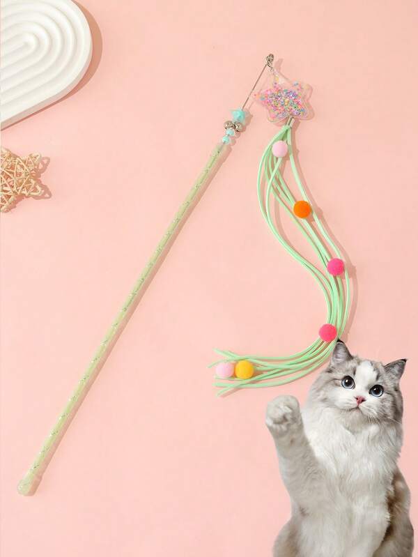 1pc Pet Cat Teaser Wand Toy, Colorful Balls/Beads/Bells/Feather Decor, Acrylic Rod Chew & Scratch Resistant, Interactive/Mood Training/Self-Entertainment Toy