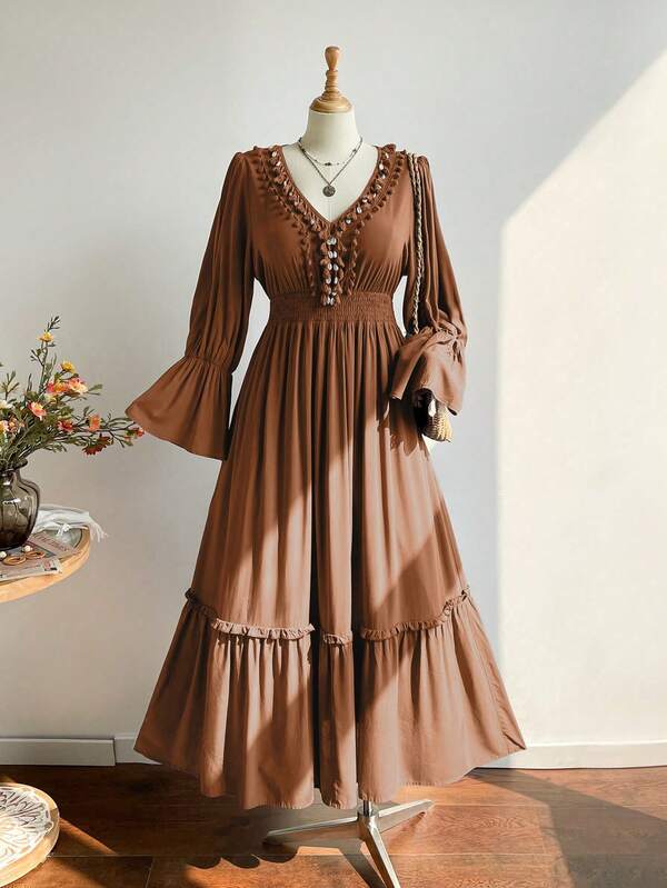 Rusttydustty Vestido de manga larga con cuello en V, cintura ceñida y flecos en capas, estilo bohemio, para mujer. Vestido casual de resort vintage, ideal para Navidad, Acción de Gracias y Año Nuevo.