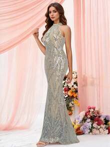 Halter Neck Mermaid Hem Sequin Proming Evening Party Maxi Dress For Women - Gold - View 3
