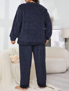 Plus Size Women's New Velvet Embroidered Floral Thick Warm Fluffy Sleepwear Set, Long Sleeve Top And Pants, Suitable For Outerwear, Winter, Cozy Clothes - Navy Blue - View 2