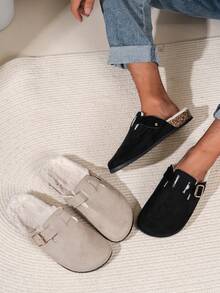 Unisex Fluffy Single Buckle Slippers, Comfortable For Indoor/Outdoor, Casual, Versatile Flat Slides - Khaki - View 7