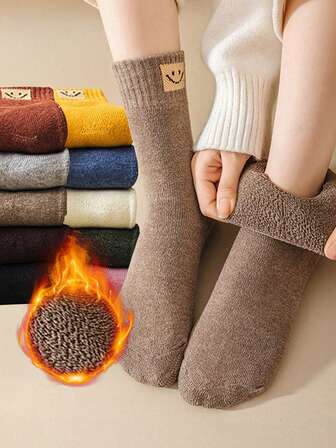 5双女士加厚绒袜，保暖冬袜，加厚大码绒袜，随机纯色、几何图案和人脸图案，优雅舒适，防寒防雪，适合秋冬季日常休闲穿着，圣诞礼物