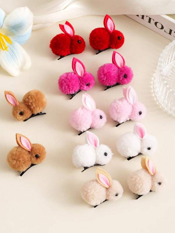 Set de 4 piezas/6 piezas de pinzas para el cabello con diseño 3D de conejito esponjoso y lindo, pinzas elásticas simples, accesorios para el cabello para niñas, para otoño/invierno