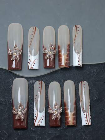 CrystalHola 10 st handgjorda press-on naglar, fransk manikyr, lång balettdansösstil, karamellblommor, vit ombre, minimalistisk och elegant, höst-/vinterfärger, perfekt för fester, bröllop, halloween, nyår, utmärkt present till tjejer och kvinnor