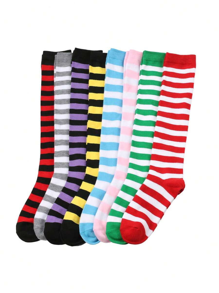 1 Pair Women's Striped Knee-High Socks, Striped Socks For Cosplay, European And American Sports & Casual Style, Calf Socks - Multicolor - View 1