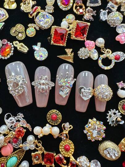 KIRAME KIRAME 50PCS Of Various Styles And Colors And Silver Plated Mixed Alloy Rhinestone Decorations Set,High-End 3D Nail Accessories Sparkling Rhinestones And Pearls Multifunctional Jewelry Set Perfect For Charming Valentine's Day Nail EmbellishmentsDIY Nail Art,Nails Salon,Nail Supplies,Christmas,New Year,Festival Gift