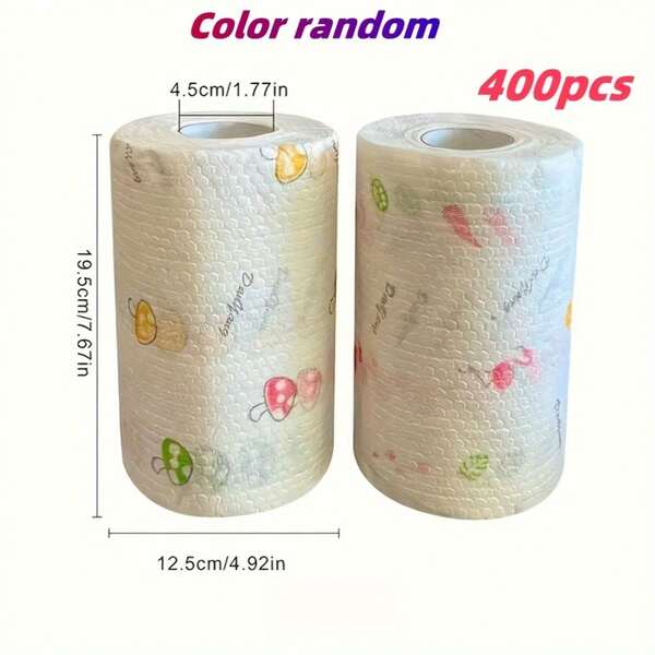 400 piezas Toallas gruesas y absorbentes reutilizables para cocina y baño - Rollo de tela no tejida resistente, paños de limpieza multiusos para húmedo/seco, adecuados para lavar platos, secar, limpiar, lavables a máquina, blancos con coloridos estampados de plátano y fresa - Ideal para el hogar, fiestas, baño, cocina - Compatible con inodoro, fregadero, lavavajillas - Alternativa económica a las toallas de papel desechables