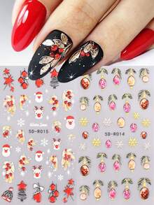 2 piezas de pegatinas de uñas 5D con relieve de Navidad en colores rojo y dorado mezclados con diseños de Papá Noel, renos, copos de nieve, estrellas, líneas, guantes navideños, luces de colores, acebo, bayas y hojas para decoración de uñas de Navidad y Año Nuevo