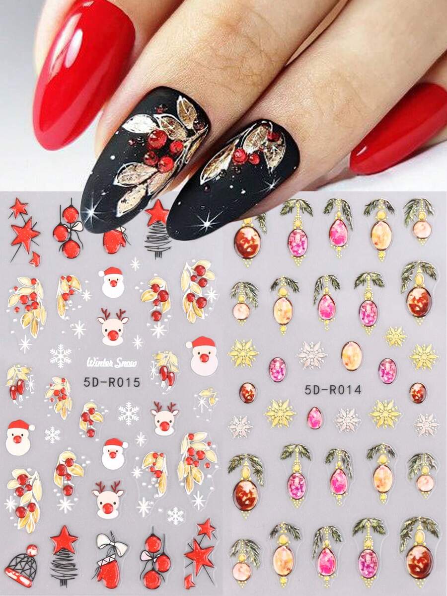 2 piezas de pegatinas de uñas 5D con relieve de Navidad en colores rojo y dorado mezclados con diseños de Papá Noel, renos, copos de nieve, estrellas, líneas, guantes navideños, luces de colores, acebo, bayas y hojas para decoración de uñas de Navidad y Año Nuevo