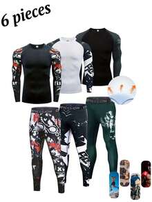 6-Piece Men's Printed Round-Neck Sports Suit, Skin-Friendly And Breathable, Sweat-Wicking And Moisture-Wicking, Suitable For Gyms And Outdoor Sports - Multicolor - View 2
