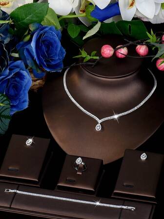 1 Set de joyería con diseño de gota de agua hueca con circonita cúbica, adecuado como regalo de cumpleaños para mujeres