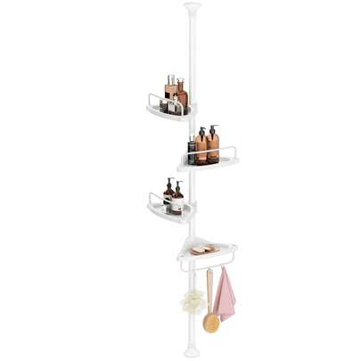 Shower Corner Shelf, 4-Tier Bathroom Shower Shelf, 85-305 Cm Adjustable Shower Caddies, Bathroom Organiser, White Bathroom Storage, White/Black
