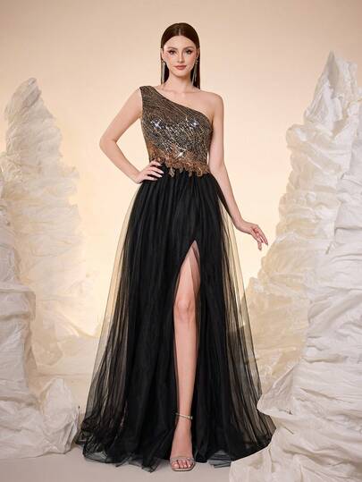 Mgiacy New One-Shoulder Sequin 3D Floral Mesh High Slit Maxi Dress, Suitable For Balls, Weddings, Parties, Galas, Wedding Guest Formal Gown Spring