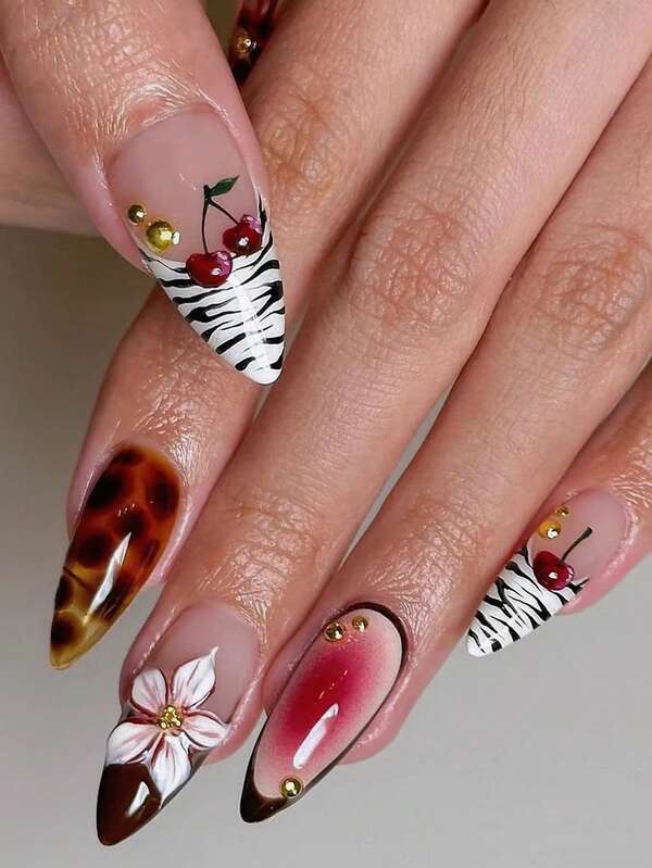 24pcs Press On Nails Almond, Featuring Cherry And 3D Floral Patterns. The Nail Pieces Are Adorned With Small Golden Pearls And Blush Shading.Contains: 1 Piece Jelly Gel And 1 Piece Nail File, Easy To Wear French Tip Press-On Nail Art, Suitable For Women And Girls Daily Life Carnival Party Use Nail Art Supplies