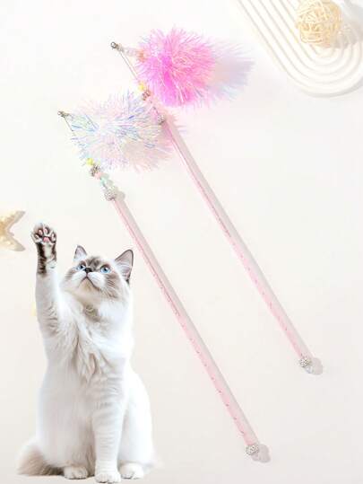 1pc Pet Cat Teaser Wand Toy, Colorful Crinkle Paper/Plastic Balls/Beads/Bells/Shiny Sequins, Bite & Scratch Resistant, Self-Entertainment, Cat Toy