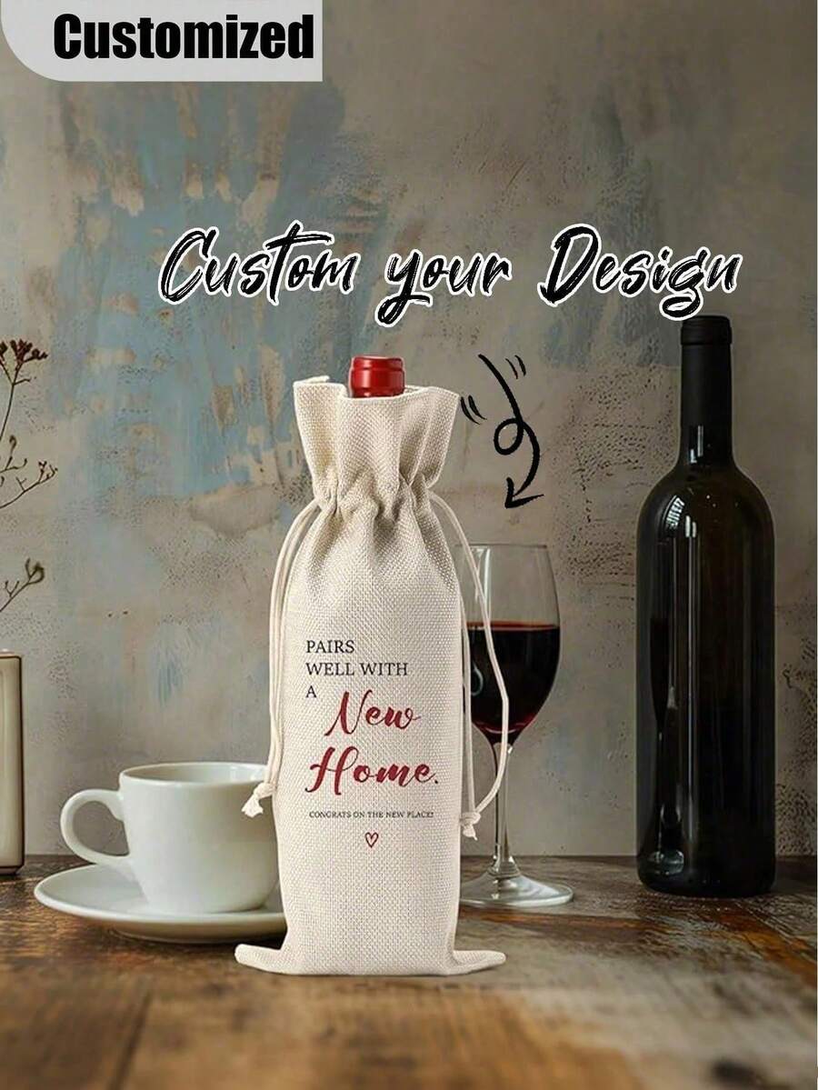 Customized Linen-Like Wine Bottle Bag, Personalized With Your Photo , Festive Drawstring Bag Suitable For Reuse, For Valentines, Wedding, Birthday, Holiday Party, Housewarming, Storage, Wine Bottle Home Gift Bags, Best For Christmas, Perfect For Thanksgiving - Multicolor - View 1