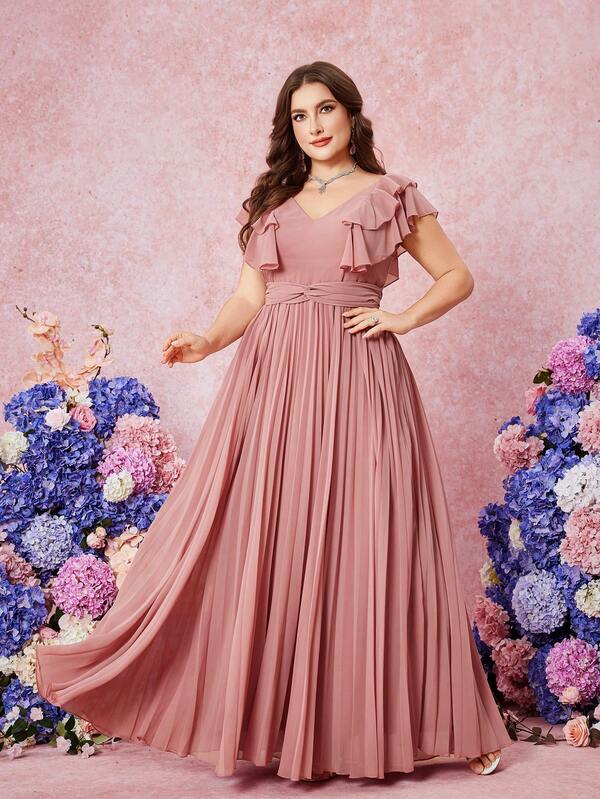 UNITHORSE Elegant V-Neck Ruffle Hem Solid Color Chiffon Waist Tie Pleated Flared Skirt Bridesmaid Dress