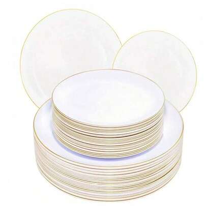 10/20/40/50 طبق ذهبي الحافة، قاعدة بيضاء حافة ذهبية فاخرة، مناسبة لتقديم البيتزا والسلطة والحلوى والكيك والمقبلات، مثالية لحفلات عيد الميلاد والزفاف والعشاء الرسمي والتجمعات وحفلات الزفاف والتخرج والذكرى السنوية والاجتماعات وحفلات استقبال المواليد والأعياد والحفلات المكتبية وغيرها
