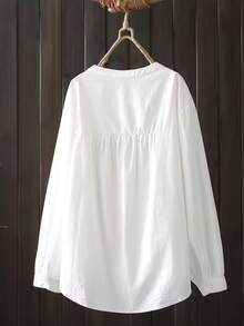 Solid Color Pleated Front Button Front Short Back Long Casual Dress Spring White - White - View 2