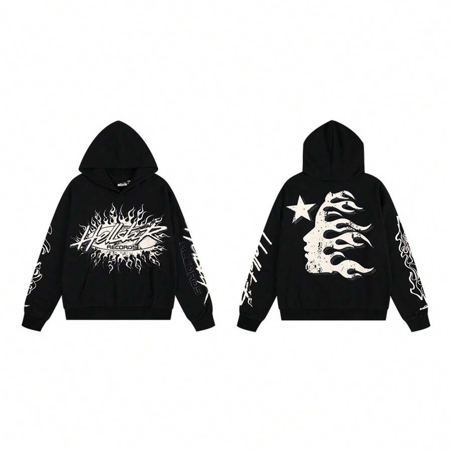 Hoodie, Retro Letter Print Hoodie, Men's Streetwear Long-Sleeve Hooded Sweatshirt, Couple Matching Outfit Sweatshirts - H503黑色 - 查看 1