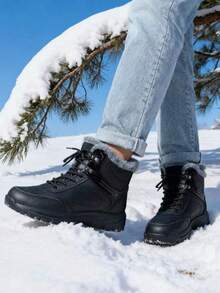 男士雪地靴、登山靴、高帮踝靴，加厚内里保暖，适合中老年人，防滑户外鞋，男女通用设计，适合寒冷冬季天气和户外场景，带毛皮靴 - 黑色 - 查看 3