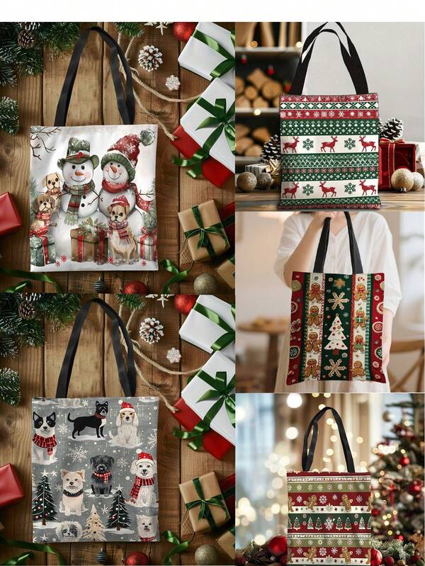 5 piezas, Bolsa de tela estampada por ambos lados con muñeco de nieve, árbol de Navidad y hombre de jengibre, bolsa de la compra con estampado animal, estilo bohemio y académico, ideal para regalos de Navidad, Acción de Gracias y Pascua, adecuada para uso diario, picnics, vacaciones en la playa, trabajo y escuela, 16in*14in