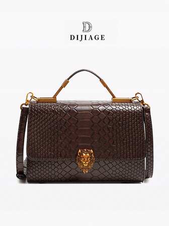 Fashionable High-End PU Leather Gold Lion Pattern Metal Buckle Snake Skin Handbag/Shoulder Bag