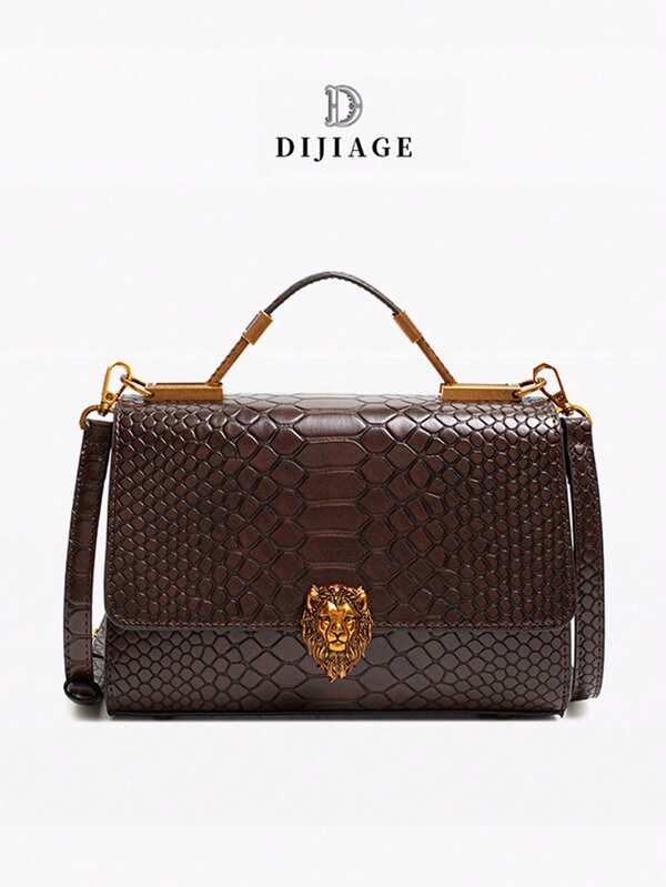 Fashionable High-End PU Leather Gold Lion Pattern Metal Buckle Snake Skin Handbag/Shoulder Bag