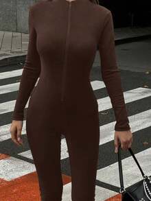VIVINA Jumpsuit Wanita Warna Polos Minimalis Gaya High Street Chic Model Turtleneck Slim Fit Bergaris, Jumpsuit Kasual Serbaguna untuk Jalan-jalan Musim Semi - Coffee Brown - View 3