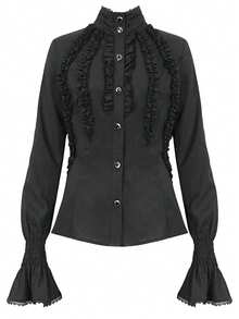 Devil fashion Áo kiểu nữ cổ điển phong cách Gothic màu trơn chất liệu chiffon, cổ bèo nhún, tay dài, thích hợp cho lễ hội Halloween. - màu đen - Xem 13
