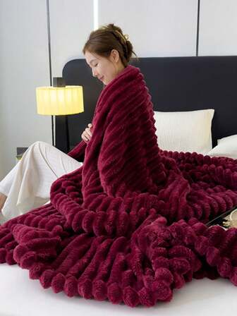 1pc Luxurious Faux Rabbit Fur TV Blanket - Soft, Double-Sided Plush For Sofa, Bed, Office Naps & Travel, Striped Pattern, All-Season Comfort, Hand Wash Only, Travel Blanket|Luxurious Plush Blanket|Semitransparent Fabric