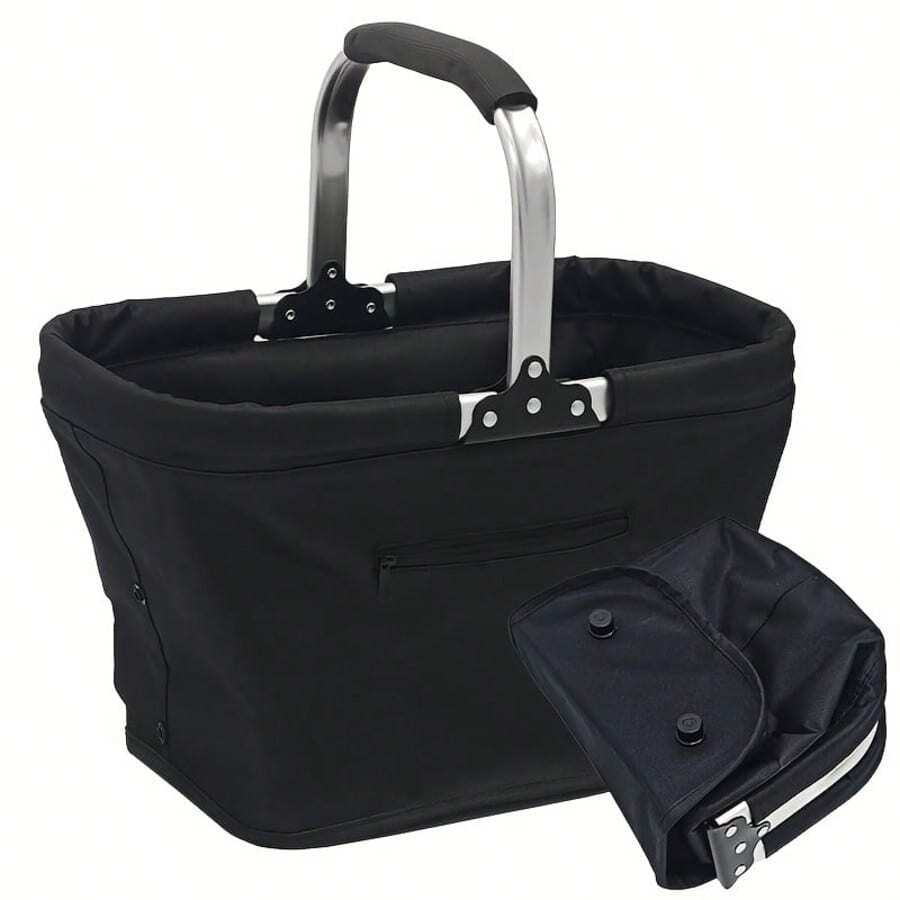 [Collapse Aluminum Frame Basket] 1Pack Collapsible Aluminum Frame Basket - Large Zipper Side Pocket Foldable Shopping Tote Bag - Multicolor - View 1