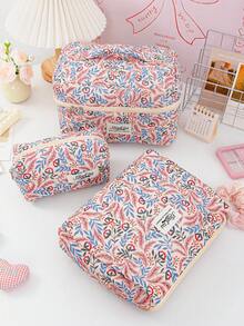 1 Piece Vintage Flower Pattern Cosmetics Bag Quilted Design Makeup Handbag Print Travel Cosmetics Bag Large Capacity Home Sundries Organizer Bag Set - Brown - View 3