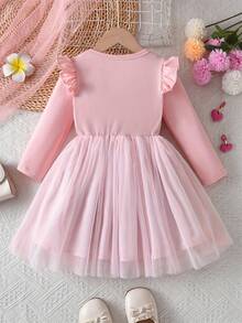 女童芭蕾舞者图案长袖圆领网眼裙休闲公主裙 - 粉色 - 查看 2