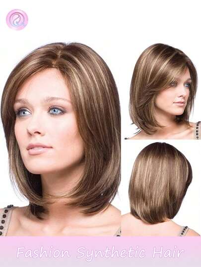 Perruque courte brune mélangée blond pour femmes, perruque de cheveux synthétiques de longueur épaule avec frange latérale, mèches blondes droites. Perruque élégante brune courte droite avec frange, cheveux synthétiques, cadeaux de Noël, cadeaux pour petites amies