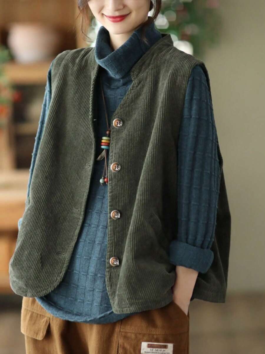 Women's Autumn/Winter New Arrival Bestselling Casual Sleeveless Retro Jacket, Comfortable Corduroy Vest - Green - View 1
