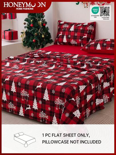 1pc Christmas Plaid Printed Flat Sheet, 80g Microfiber, Soft, Hypoallergenic, Breathable, Machine Washable, Wrinkle Free, Fade & Shrink Resistant, Durable Weave, Chic Lovely Decorative Bedding, Oeko-Tex Certified