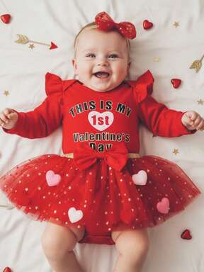Conjunto de 3 piezas para el primer día de San Valentín de niña, mono de manga larga con letras, falda de tul, diadema con lazo