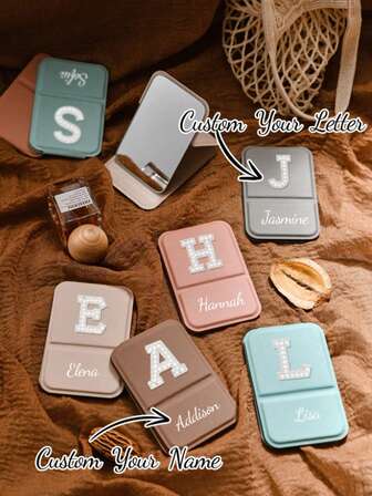 1Pc Personalization Makeup Mirror, Portable Embroidered Faux Pearl Letters Makeup Mirror, Pu Leather Small Mirror, Foldable, Travel Mirror, Suitable For Gifts, Travel Necessities