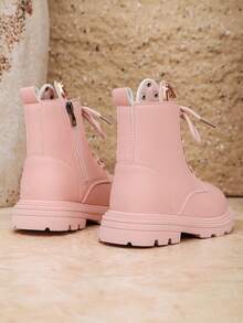 1 双哑光粉色女童中筒靴，防滑橡胶软底，增高，金色鞋眼，前系带，侧拉链，圆头，柔软 PU，纯色，适合 3-15 岁女孩，日常、休闲、上学、度假、旅行、派对，2025 年秋冬新款 - 粉色 - 查看 8
