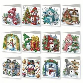 12pcs Christmas Series Diamond Painting Greeting Card Set With Envelopes, DIY Mosaic Colorful Diamond Painting Craft, Suitable For Holiday Blessings, Expressing Emotions And Thoughts