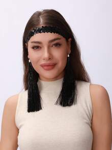 一套女士复古70/80年代迪斯科配饰 - 亮片发箍 + 流苏耳环，适合复古迪斯科风格、圣诞节、万圣节、派对、嘻哈音乐节，吸睛组合，适合女孩派对装扮