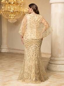 UNITHORSE Plus Women's [Random Cut] Round-Neck Haute Glamour Luxury Cloak Sleeves Dress Wedding - Champagne - View 3