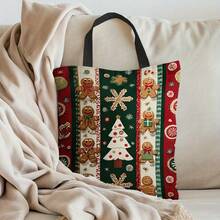 5 piezas, Bolsa de tela estampada por ambos lados con muñeco de nieve, árbol de Navidad y hombre de jengibre, bolsa de la compra con estampado animal, estilo bohemio y académico, ideal para regalos de Navidad, Acción de Gracias y Pascua, adecuada para uso diario, picnics, vacaciones en la playa, trabajo y escuela, 16in*14in