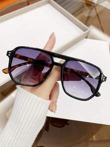 1 Pair Unisex Tortoiseshell Square Double Bridge Aviator Style Fashion Fashion Glasses, Suitable For Vacation, Boho Beach Outfits, Women's Beach Accessories, Basic Glasses, Autumn/Winter Women's Outfits, Business Casual, Gifts, Leopard Print - 黑框雙灰片 - 查看 4
