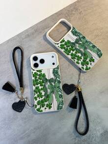 1pc New Simple Fashion Personalized Lace Clover Pattern Waterproof Anti-Fall Anti-Slip High-Quality Litchi Texture 3D Matte Soft Phone Case + Fashionable Heart-Shaped Faux Leather Lanyard Strap Bracelet, Compatible With Apple, Phones, Great Gift For Friends, Family, Couples, Birthday, Holidays - Multicolor - View 2