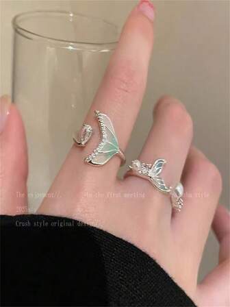 2pcs/Set Fashionable Ombre Zirconia Fish Tail Rings, Suitable For Gifts And Various Occasions